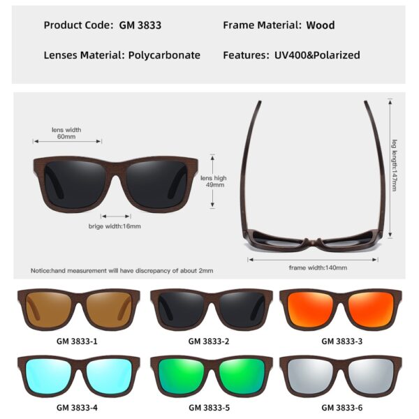 GM Natural Bamboo Wooden Sunglasses Handmade Polarized Glasses Mirror Coating Lenses Eyewear With Gift Box 4
